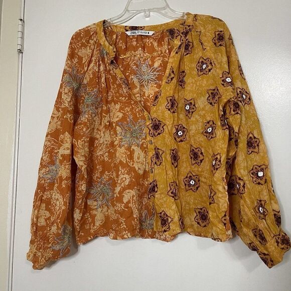 ZARA Boho floral vneck button down orange blouse top size Medium - Picture 2 of 7